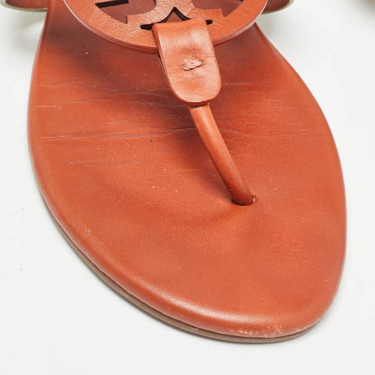 Pre Owned Tory Burch Orange/Grey Leather Miller Thong Flats Size 38.5 