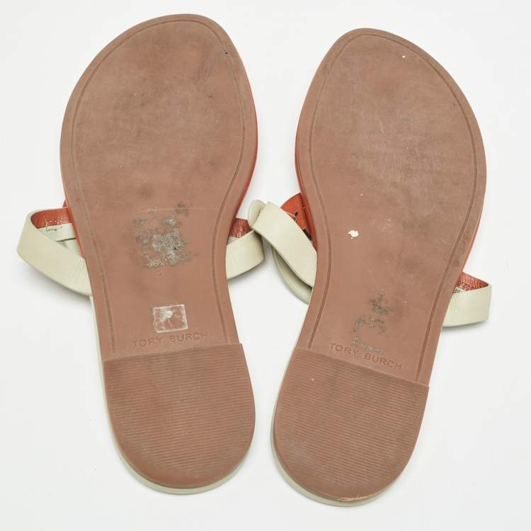 Pre Owned Tory Burch Orange/Grey Leather Miller Thong Flats Size 38.5 
