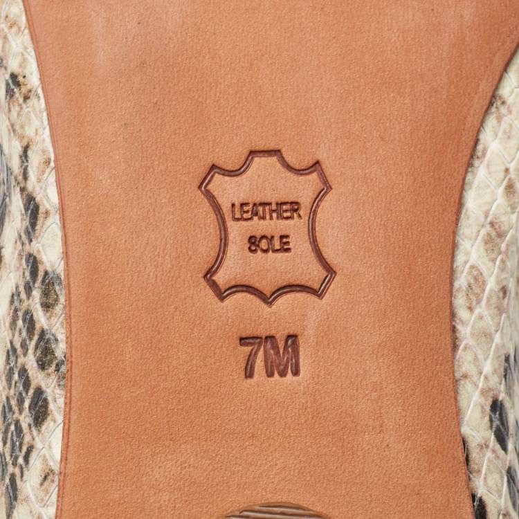 Pre Owned Tory Burch Beige/Black Python Embossed Leather Scrunch Ballet Flats Size 37.5