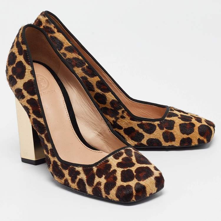 Pre Owned Tory Burch Beige/Brown Pony Hair Square Toe Block Heel Pumps Size 36