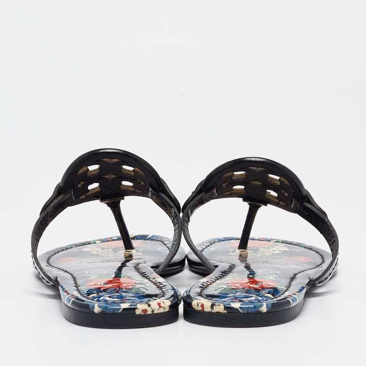 مملوكة مسبقًا Tory Burch Navy Blue Floral Print Patent Leather Miller Thong Flats Size 38.5