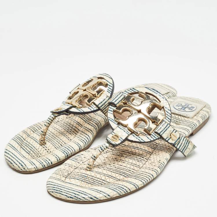 Pre Owned Tory Burch Off White/Blue Striped Embossed Snakeskin Miller Thong Flats Size 37.5
