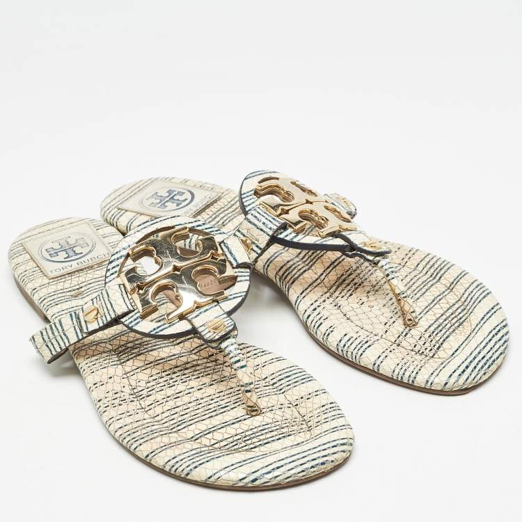 Pre Owned Tory Burch Off White/Blue Striped Embossed Snakeskin Miller Thong Flats Size 37.5
