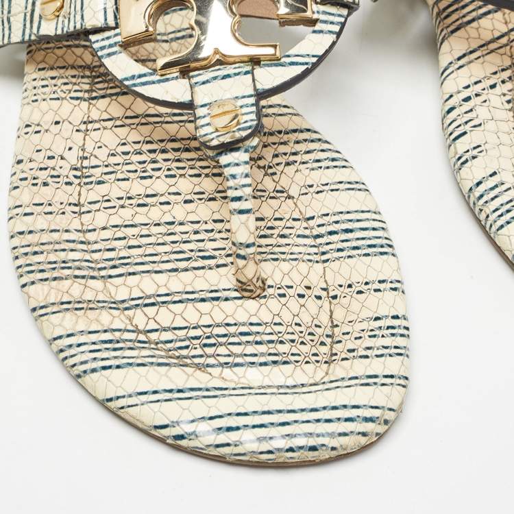 Pre Owned Tory Burch Off White/Blue Striped Embossed Snakeskin Miller Thong Flats Size 37.5