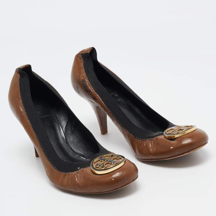 Pre Owned Tory Burch Brown Patent Leather Caroline Scrunch Pumps Size 39