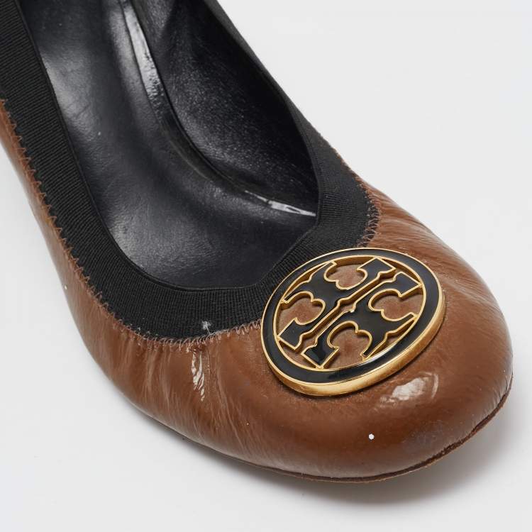 Pre Owned Tory Burch Brown Patent Leather Caroline Scrunch Pumps Size 39