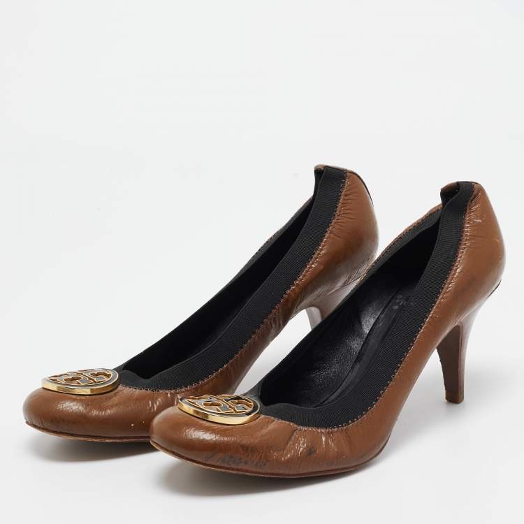Pre Owned Tory Burch Brown Patent Leather Caroline Scrunch Pumps Size 39