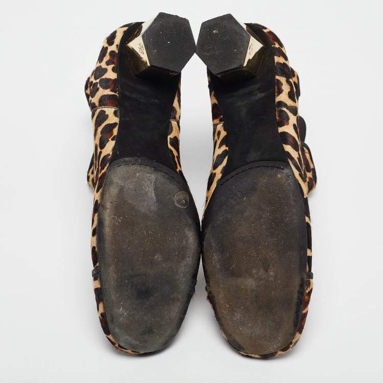 Pre Owned Tory Burch Brown/Beige Leopard Print Calf Hair Ankle Boots Size 38.5