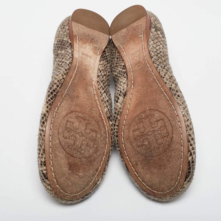 Pre Owned Tory Burch Green/Grey Embossed Snakeskin Leather Caroline Ballet Flats Size 36