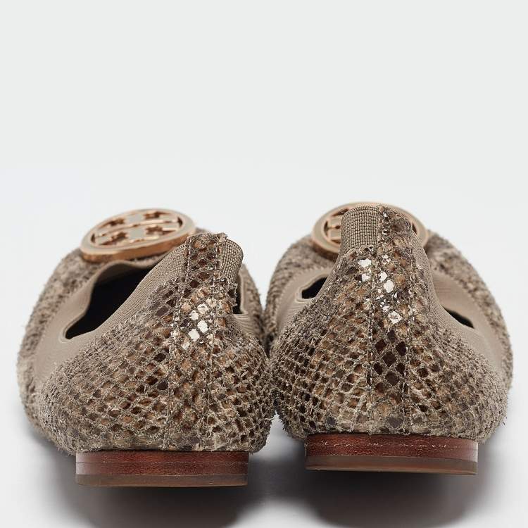 Pre Owned Tory Burch Green/Grey Embossed Snakeskin Leather Caroline Ballet Flats Size 36