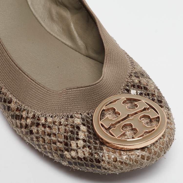Pre Owned Tory Burch Green/Grey Embossed Snakeskin Leather Caroline Ballet Flats Size 36