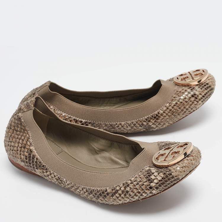 Pre Owned Tory Burch Green/Grey Embossed Snakeskin Leather Caroline Ballet Flats Size 36