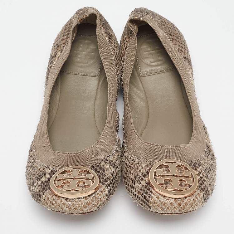 Pre Owned Tory Burch Green/Grey Embossed Snakeskin Leather Caroline Ballet Flats Size 36