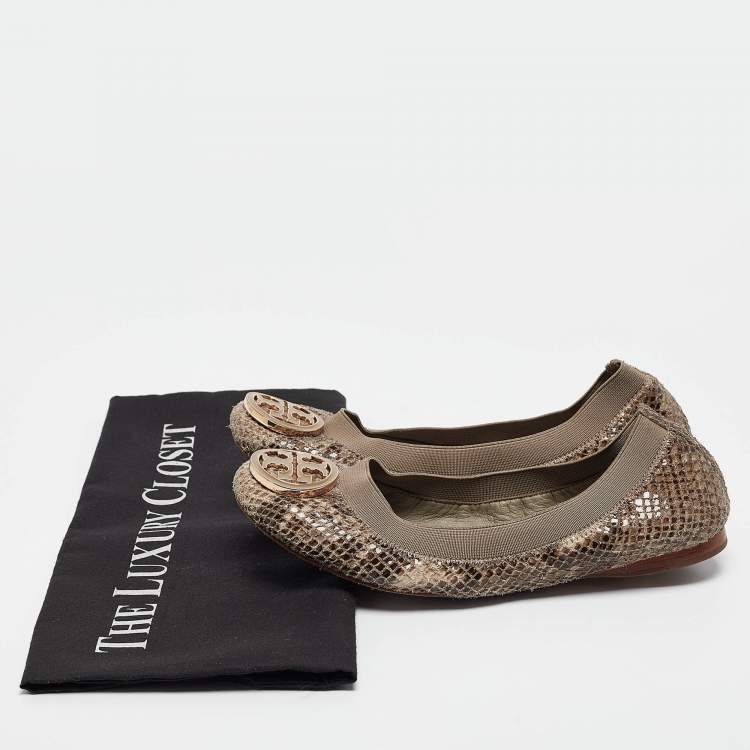 Pre Owned Tory Burch Green/Grey Embossed Snakeskin Leather Caroline Ballet Flats Size 36