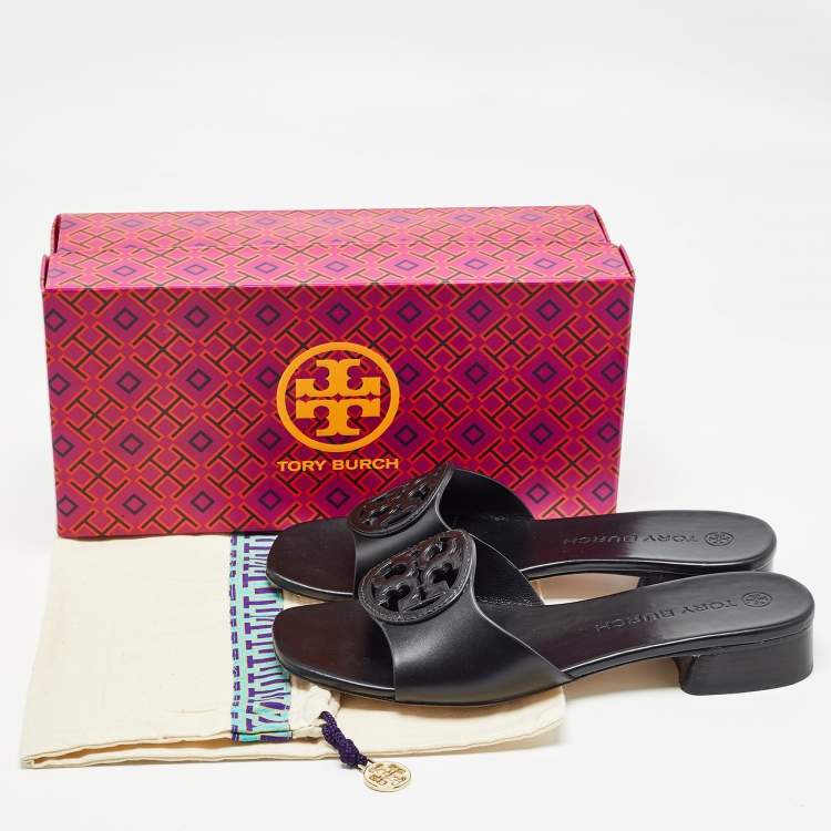 مملوكة مسبقًا Tory Burch Black Leather Bombe Miller Slide Sandals Size 37.5