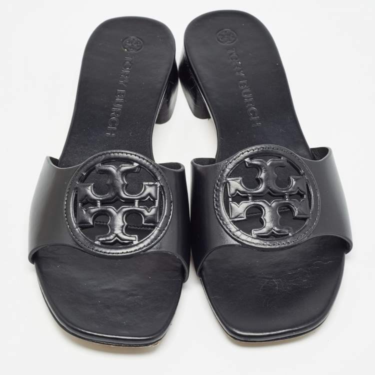 مملوكة مسبقًا Tory Burch Black Leather Bombe Miller Slide Sandals Size 37.5