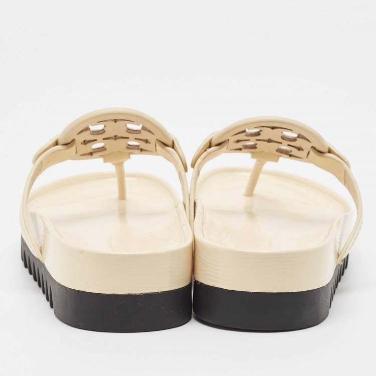 Pre Owned Tory Burch Cream Patent Leather Miller Cloud Thong Slide Sandals Size 37.5