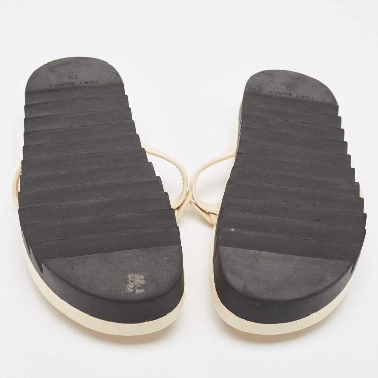 Pre Owned Tory Burch Cream Patent Leather Miller Cloud Thong Slide Sandals Size 37.5