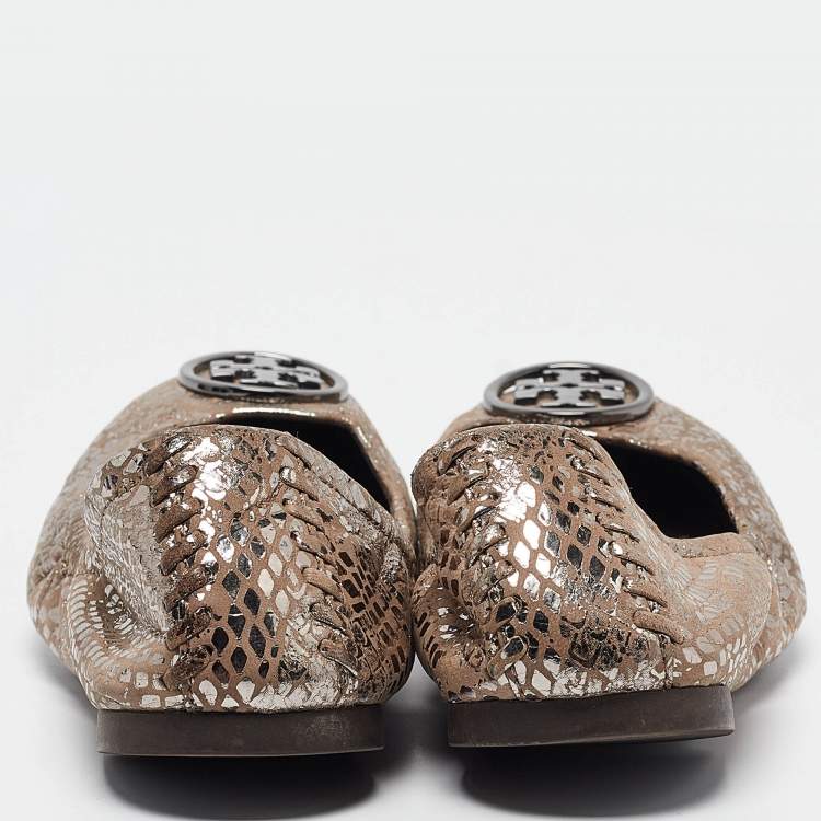 Pre Owned Tory Burch Metallic Brown Textured Suede Heidi Scrunch Ballet Flats Size 36