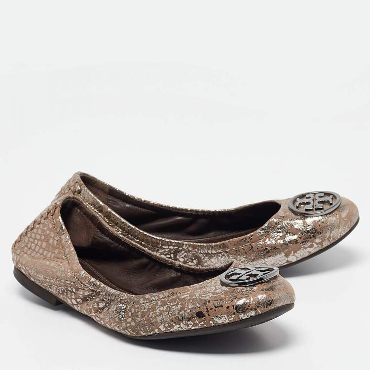 Pre Owned Tory Burch Metallic Brown Textured Suede Heidi Scrunch Ballet Flats Size 36