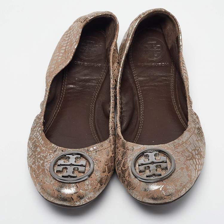 Pre Owned Tory Burch Metallic Brown Textured Suede Heidi Scrunch Ballet Flats Size 36