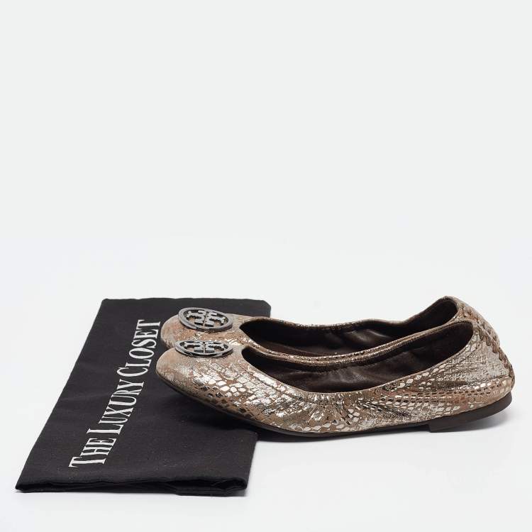 Pre Owned Tory Burch Metallic Brown Textured Suede Heidi Scrunch Ballet Flats Size 36