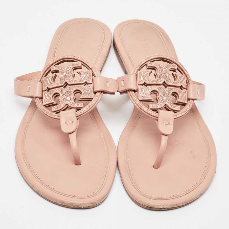 Pre Owned Tory Burch Pink Leather Crystal Embellished Miller Thong Flats Size 40.5 