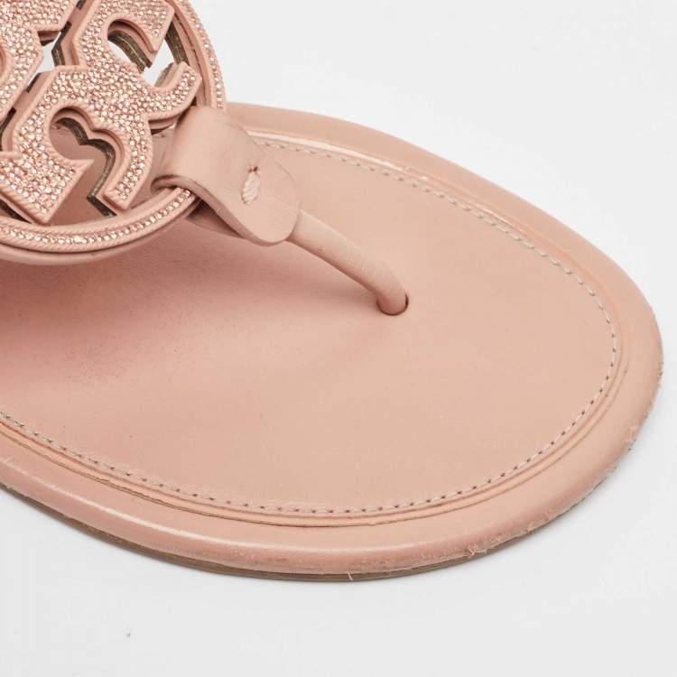 Pre Owned Tory Burch Pink Leather Crystal Embellished Miller Thong Flats Size 40.5 