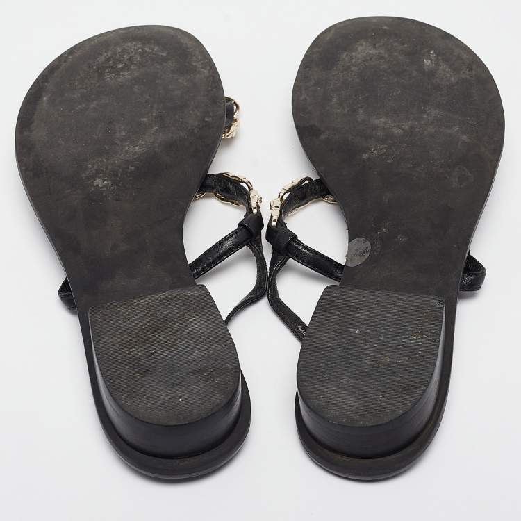 مملوكة مسبقًا Tory Burch Black Leather Chain Detail Thong Sandals Size 36