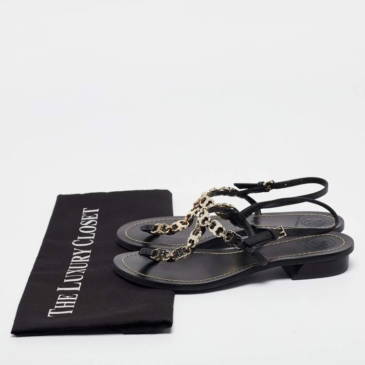 مملوكة مسبقًا Tory Burch Black Leather Chain Detail Thong Sandals Size 36