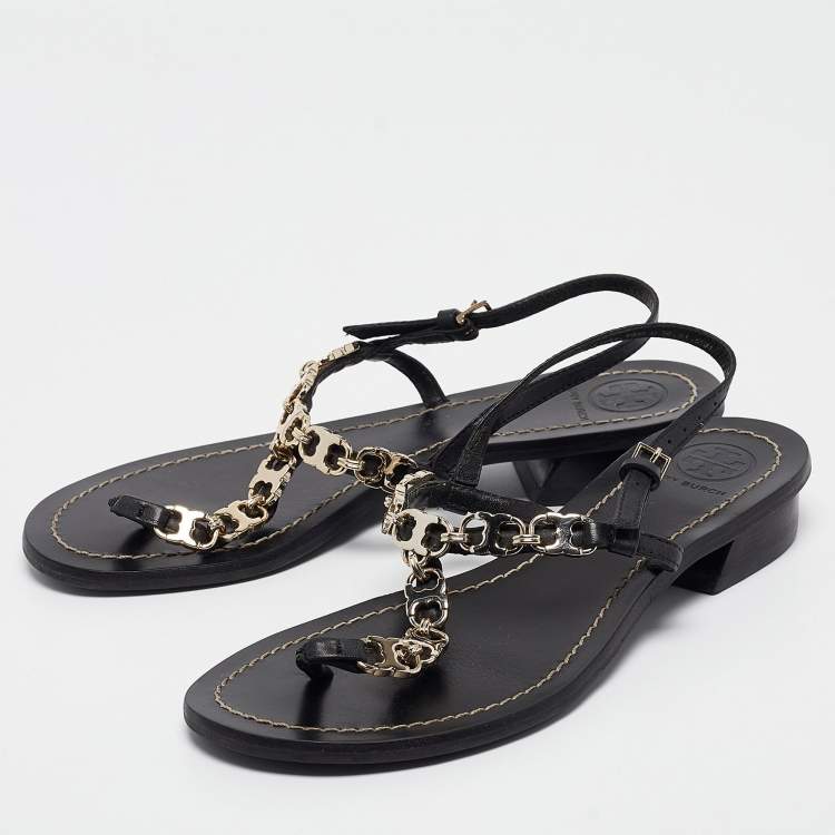 مملوكة مسبقًا Tory Burch Black Leather Chain Detail Thong Sandals Size 36