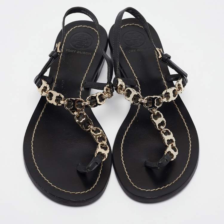مملوكة مسبقًا Tory Burch Black Leather Chain Detail Thong Sandals Size 36
