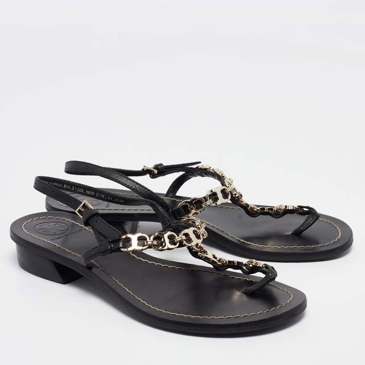 مملوكة مسبقًا Tory Burch Black Leather Chain Detail Thong Sandals Size 36