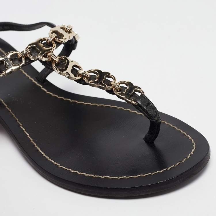 مملوكة مسبقًا Tory Burch Black Leather Chain Detail Thong Sandals Size 36