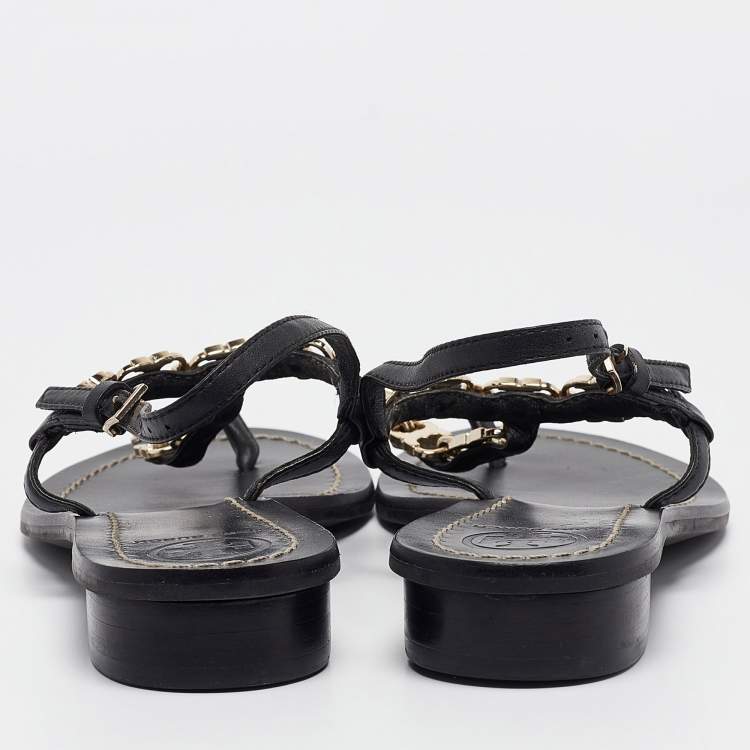 مملوكة مسبقًا Tory Burch Black Leather Chain Detail Thong Sandals Size 36