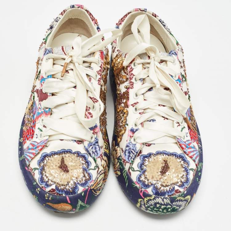 مملوكة مسبقًا Tory Burch White Floral Print Satin Embellished Amalia Sneakers Size 36.5