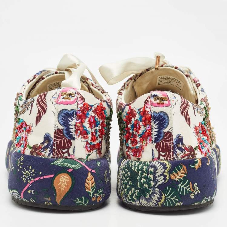 مملوكة مسبقًا Tory Burch White Floral Print Satin Embellished Amalia Sneakers Size 36.5