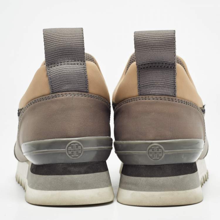 Pre Owned Tory Burch Grey/Beige Neoprene And Mesh Crystal Embellished Slip On Sneakers Size 36.5