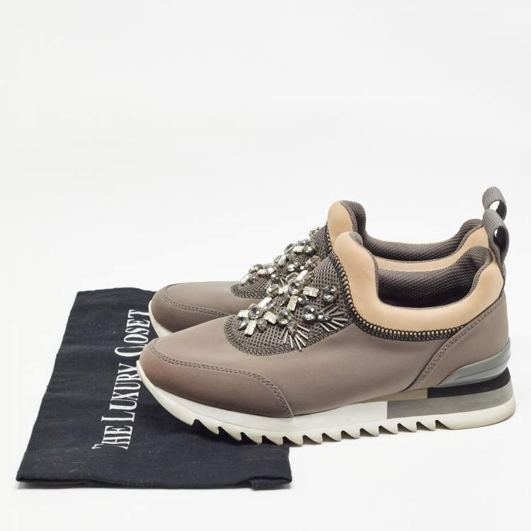 Pre Owned Tory Burch Grey/Beige Neoprene And Mesh Crystal Embellished Slip On Sneakers Size 36.5