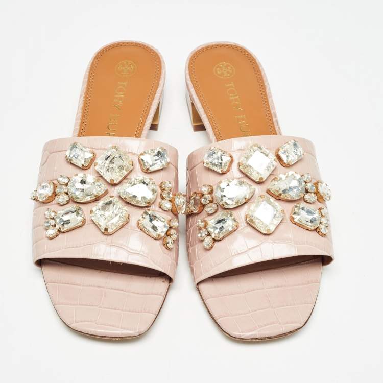 Pre Owned Tory Burch Pink Embossed Croc Crystal Embellished Slide Sandals Size 39.5