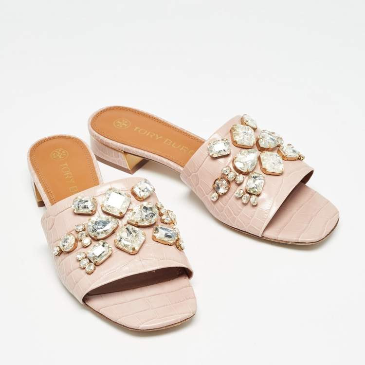 Pre Owned Tory Burch Pink Embossed Croc Crystal Embellished Slide Sandals Size 39.5