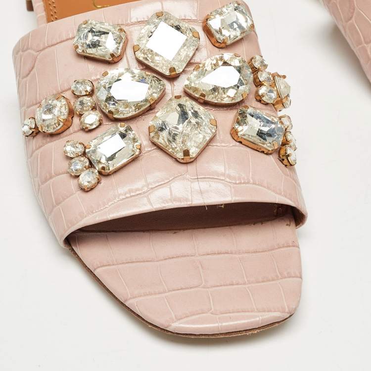 Pre Owned Tory Burch Pink Embossed Croc Crystal Embellished Slide Sandals Size 39.5