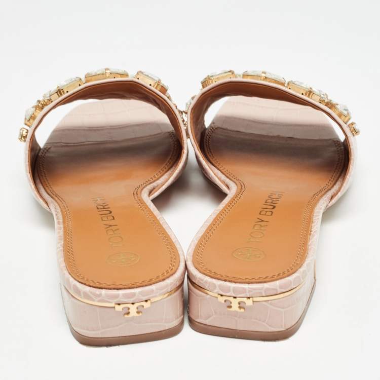 Pre Owned Tory Burch Pink Embossed Croc Crystal Embellished Slide Sandals Size 39.5