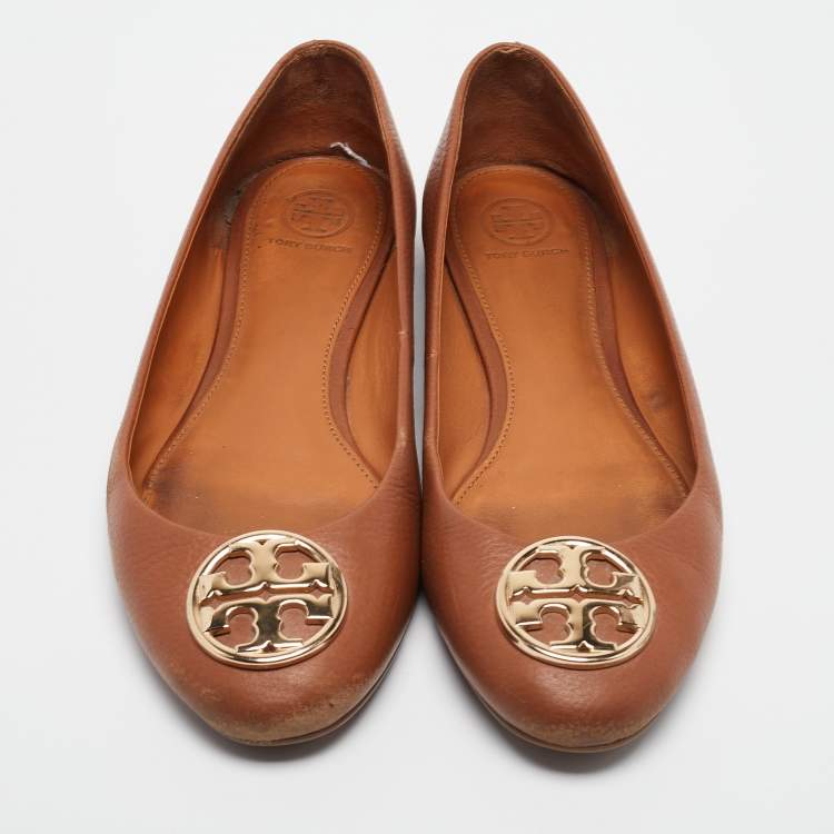 Pre Owned Tory Burch Brown Leather Chelsea Ballet Flats Size 39.5