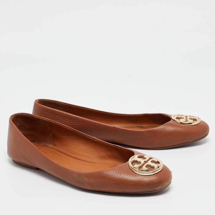 Pre Owned Tory Burch Brown Leather Chelsea Ballet Flats Size 39.5