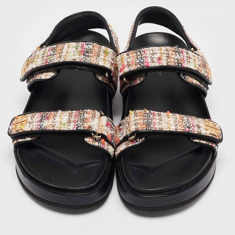 Pre Owned Tory Burch Multicolor Tweed and Leather Kira Sport Sandals Size 39.5