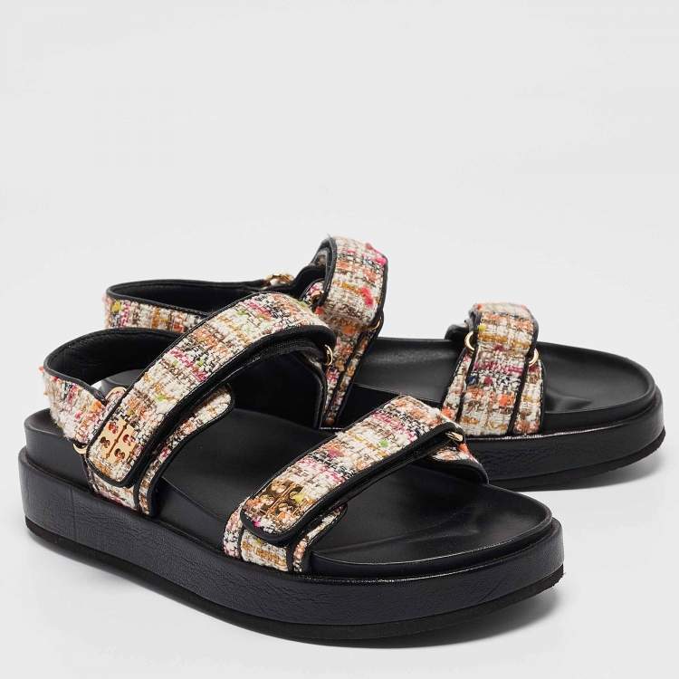 Pre Owned Tory Burch Multicolor Tweed and Leather Kira Sport Sandals Size 39.5