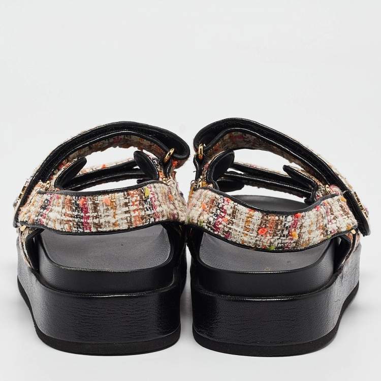 Pre Owned Tory Burch Multicolor Tweed and Leather Kira Sport Sandals Size 39.5