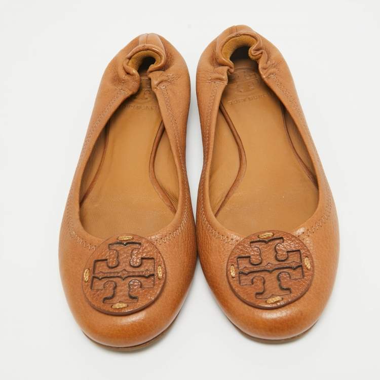 Pre Owned Tory Burch Brown Leather Minnie Scrunch Ballet Flats Size 38.5