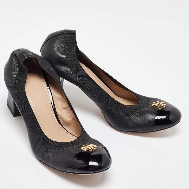 Pre Owned Tory Burch Black Leather Jolie Block Heel Pumps Size 38.5